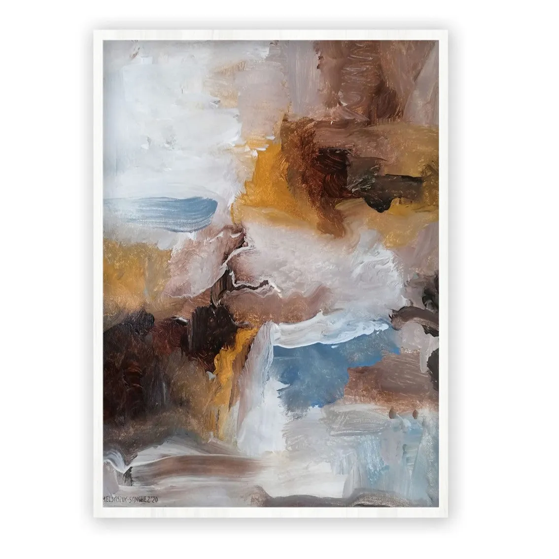 Framed vertical beige & steel blue abstract wall art print