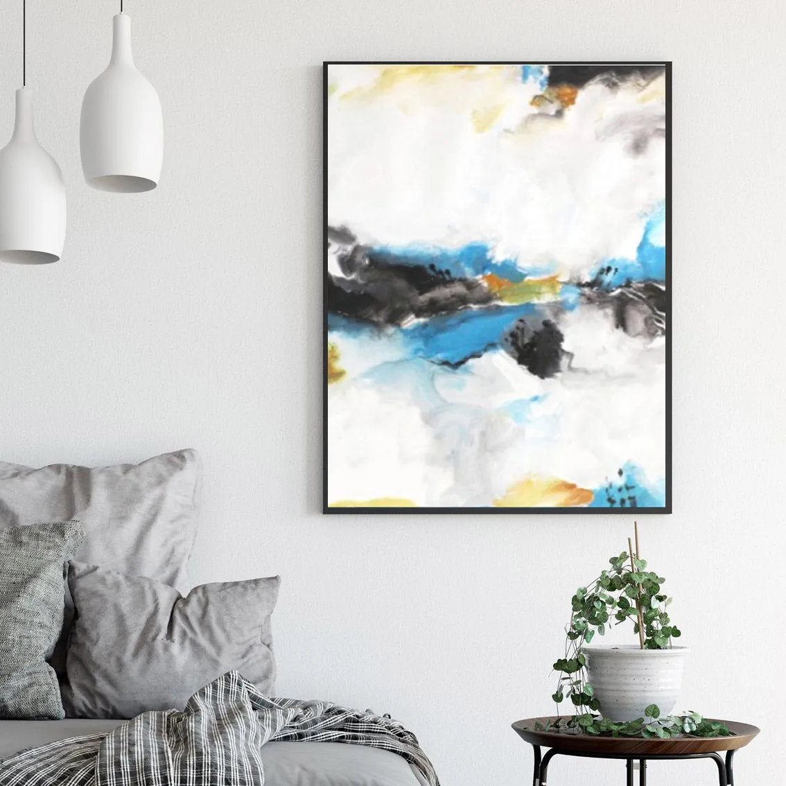 Framed vertical blue, black & orange abstract wall art print