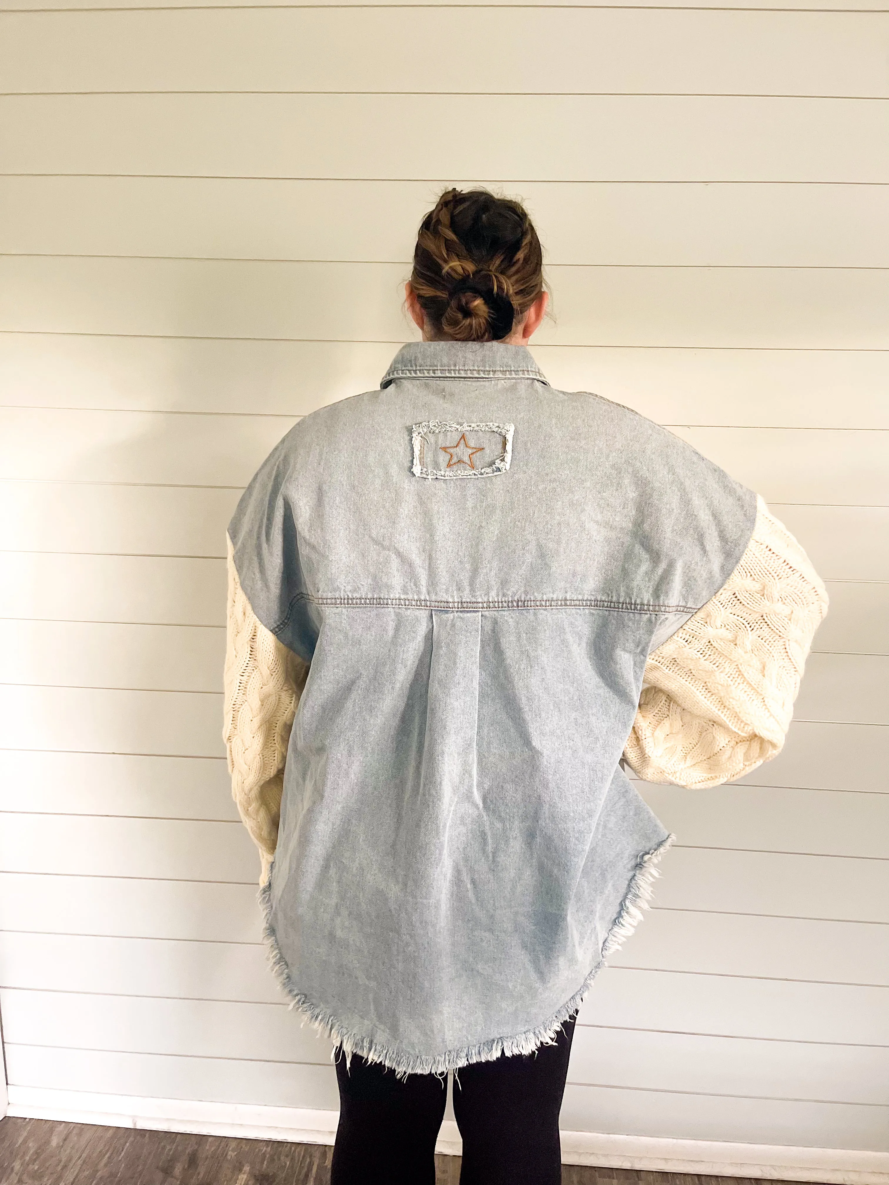 Gonna Go Far Denim Jacket with Cable-Knit Sleeves