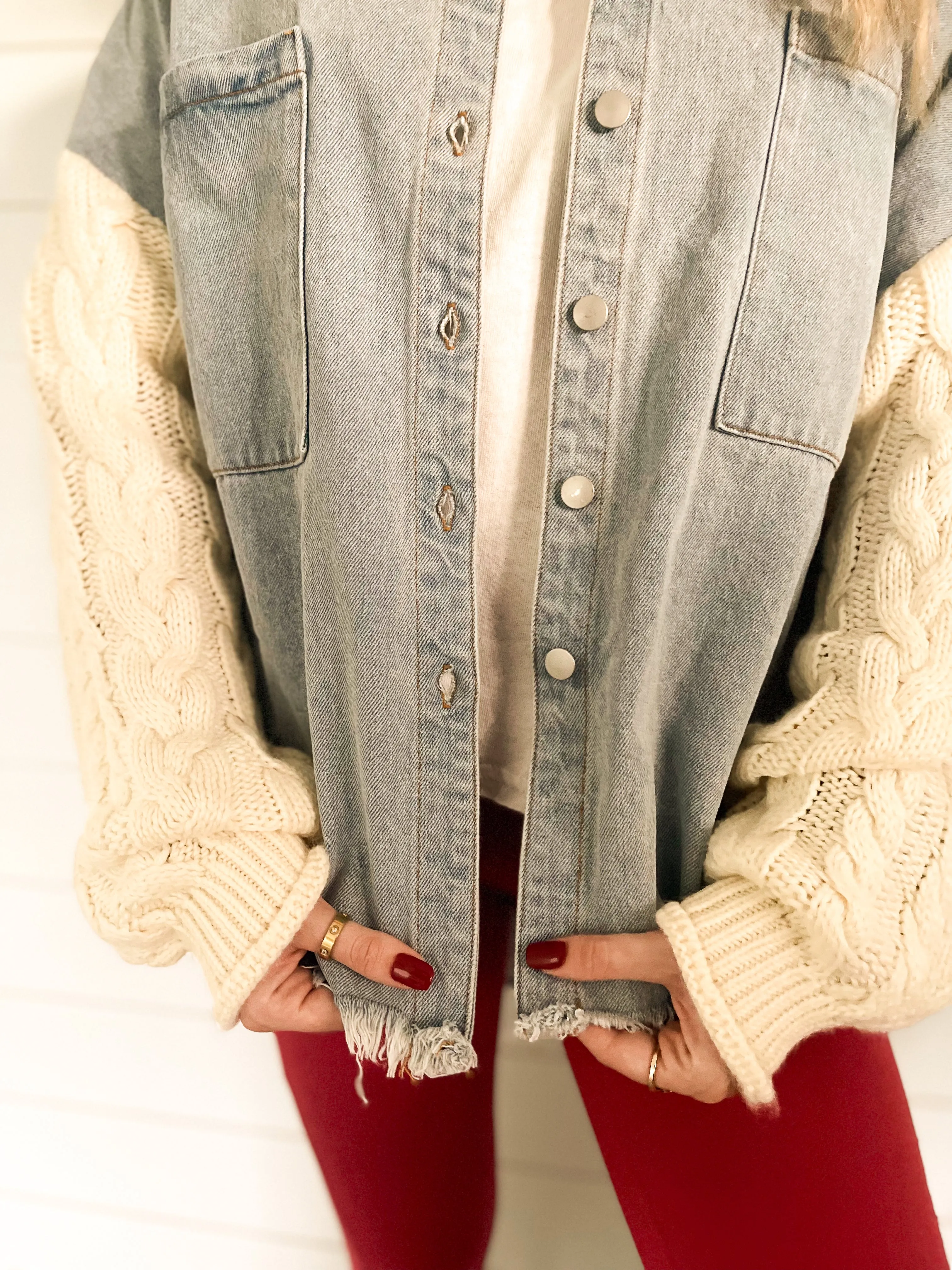 Gonna Go Far Denim Jacket with Cable-Knit Sleeves